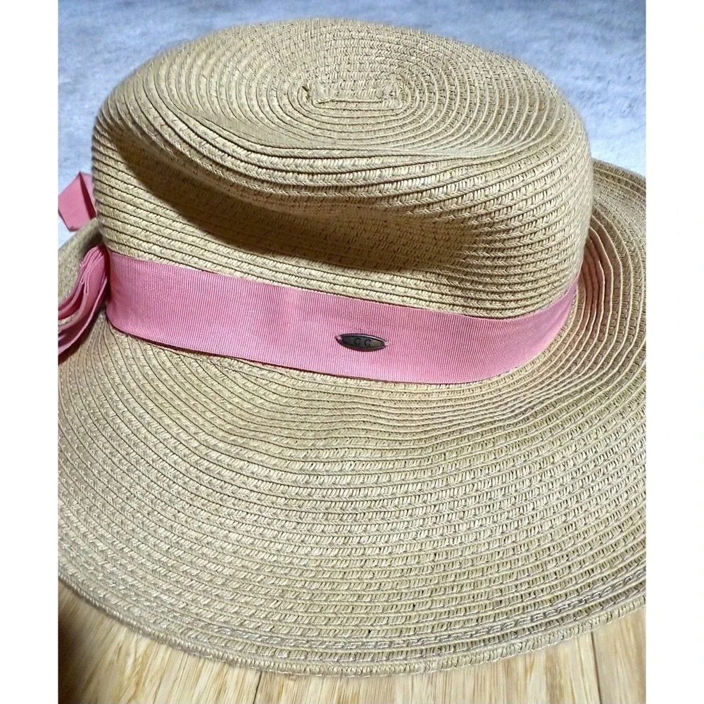 C.C Frayed Bow Trim Band Panama Hat Tan With Pink Bow Floppy Sun Beach Hat Paper